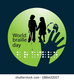 World Braille Day. Poster or logo for annual celebration of World Braille Day (January 4) with text World Braille Day made by braille alphabet