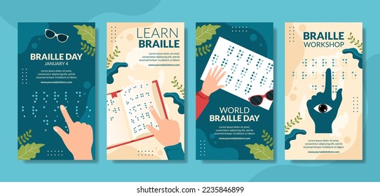 Historias de medios sociales del Día Mundial de Braille ilustraciones planas con dibujos de plantillas