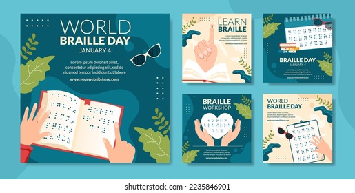 Ilustración de plantillas dibujadas de mano en caricatura plana del Día Mundial de Braille en medios sociales