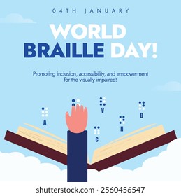 World Braille Day. Braille Day social media awareness post to raise guidance for blind people education. 4th January Blind People educational post with book and language of people with disabilities