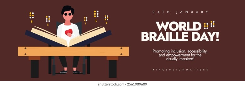 World Braille Day. Braille Day social media awareness post to raise guidance for blind people education. 4th January Blind People educational post with book and language of people with disabilities	