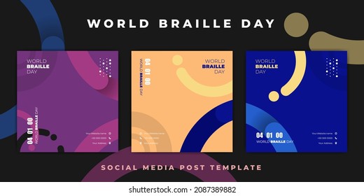 Diseño de plantillas del Día Mundial de Braille. diseño de plantillas de publicación de medios sociales con 3 opciones de color. 