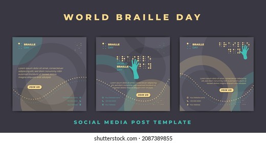 Plantilla del Día Mundial de Braille con el diseño de braille fingante a mano. Diseño de plantillas de publicaciones en medios sociales amarillas. 