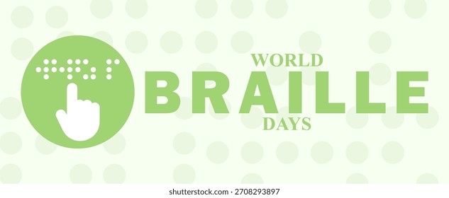Gráfico del Vector del Día Mundial del Braille con un ícono de mano que lee puntos en braille y texto en negrita sobre un fondo verde claro. Concepto de discapacidad visual, educación, conciencia global o derechos de las personas con discapacidad 