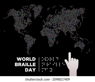 Vector del Día Mundial de Braille, mano, libro, mapa del mundo de la tipografía con puntos, Ilustración. Adecuado para carteles y pancartas de tarjetas de felicitación