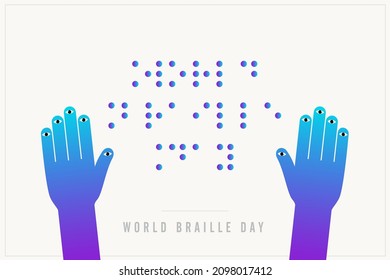 World Braille Day Vector, Hand, Buch, Typografie Weltkarte mit Punkten, Illustration. Geeignet für Grußkartenposter und Banner