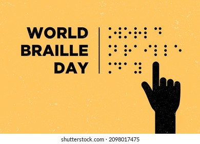 Vector del Día Mundial de Braille, mano, libro, mapa del mundo de la tipografía con puntos, Ilustración. Adecuado para carteles y pancartas de tarjetas de felicitación