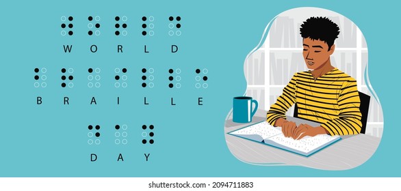 World braille day vector illustration with a man reading a book. Eps 10