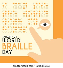 Día mundial de braille. Ilustración vectorial de una mano apuntando un libro con un alfabeto braille. Icono de mano con ojo. Icono mundial. Ilustración vectorial de diseño plano. 04 de enero. Afiche o pancarta.