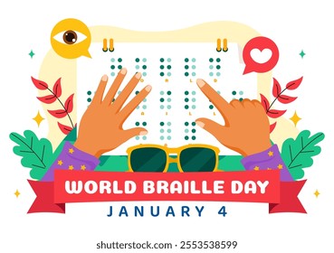 World Braille Day Vector Illustration Celebrating January 4th, Featuring Braille Alphabet as a Means of Communication in a Flat Cartoon Background