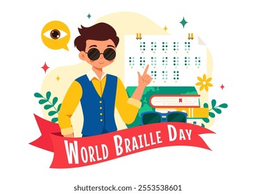 World Braille Day Vector Illustration Celebrating January 4th, Featuring Braille Alphabet as a Means of Communication in a Flat Cartoon Background