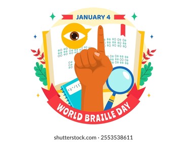 World Braille Day Vector Illustration Celebrating January 4th, Featuring Braille Alphabet as a Means of Communication in a Flat Cartoon Background