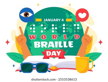 World Braille Day Vector Illustration Celebrating January 4th, Featuring Braille Alphabet as a Means of Communication in a Flat Cartoon Background