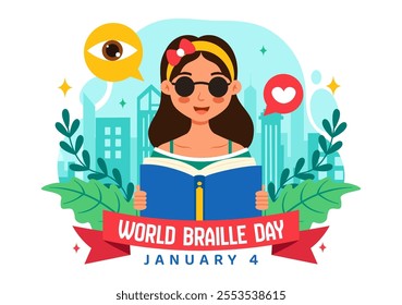 World Braille Day Vector Illustration Celebrating January 4th, Featuring Braille Alphabet as a Means of Communication in a Flat Cartoon Background