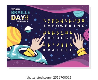 World Braille Day Vector Illustration on 4th of January, Empowering Lives Through Braille Reading Background, hands interacting with braille in a space-themed design.