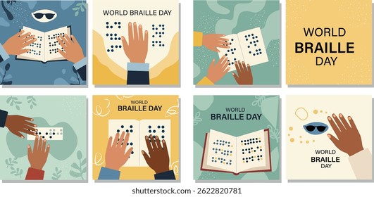World Braille Day Vector Illustration Set - Diverse Hands Reading Braille Graphics for Awareness and Accessibility