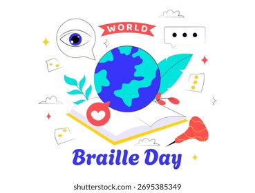 Ilustración vectorial del Día Mundial del Braille que celebra el 4 de enero, con el alfabeto braille como medio de comunicación en un fondo plano