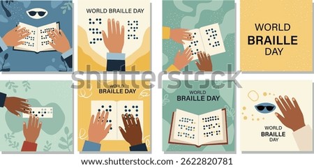World Braille Day Vector Illustration Set - Diverse Hands Reading Braille Graphics for Awareness and Accessibility