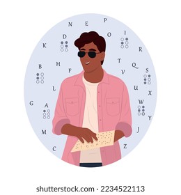 Día Mundial de Braille. Un joven ciego sonriente negro con gafas lee algo en braille. Día Mundial de Braille. Ilustración plana del vector