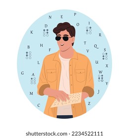 Día Mundial de Braille. Joven ciego sonriente con gafas leyendo algo en braille. Ilustración vectorial plana