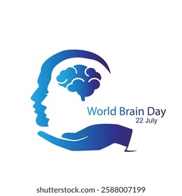 World Brain Day concept. 22 July. Brain icon. Help hand, couple profile. Vector illustration