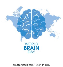 World Brain Day Poster with human brain and world map vector. Human brain with world map silhouette icon vector isolated on a white background. Important day