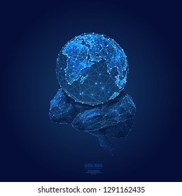 World in brain. Globe on human brain background. Vector low poly wireframe in the form of starry sky, consisting of points, lines, and shapes in the form of stars. Polygonal abstract digital image.