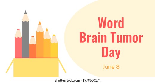 World Brain Tumor Day Banner With Colour Pencils In A Stand And The Gray One Among Them As A Metaphor For A Cancer Cell. Raising Awareness Of Brain Tumor And A Tribute To Brain Tumour Patients.