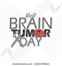 In: World Brain Tumor Day Event Banner. Fett gedruckter Text mit Illustration eines von einem Tumor betroffenen Gehirns auf weißem Hintergrund zur Erinnerung an den 8. Juni