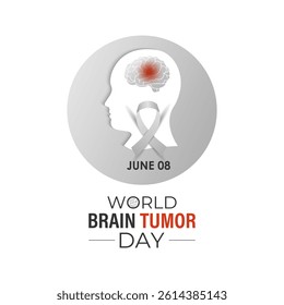 World Brain Tumor Day is observed annually on June 8. Educate the public  Learn About The Risk Factors  Brain Tumor and neurological disorders. Head with brain and Realistic ribbon. Vector of banner.