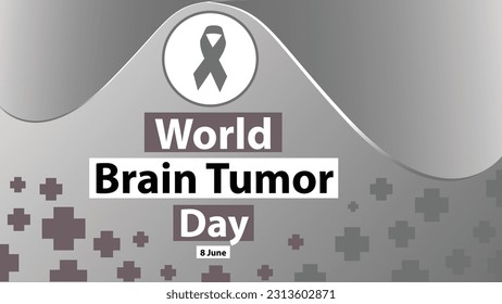 World Brain Tumor Day vector banner design cover with gradient background in grey scale or black and white, medical cross pattern, ribbon and typography.