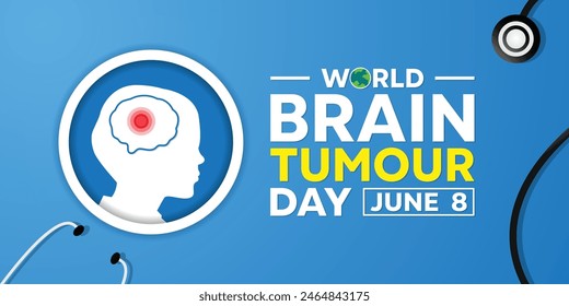 World Brain Tumour Day. Human, brain and stethoscope. Suitable for cards, banners, posters, social media and more. Blue background.