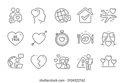 World brand, Broken heart and Dating chat line icons set. Be true, Friend and Love heart signs. Love, Wedding glasses and Couple symbols. Line icons set. Vector