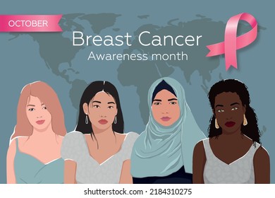 World Breast Cancer Awareness Month. Poster with pink ribbon and different women. vector illustration. EPS 10.