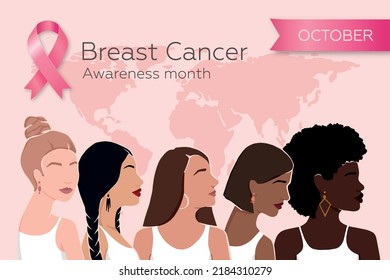 World Breast Cancer Awareness Month. Poster with pink ribbon and different women.  Modern vector illustration. EPS 10.