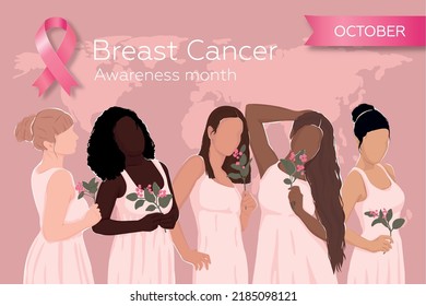 World Breast Cancer Awareness Month. Poster with pink ribbon and different women. vector illustration. EPS 10.