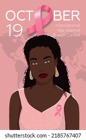 World Breast Cancer Awareness Month. Poster with pink ribbon and African woman. Modern vector illustration. International day against breast cancer.