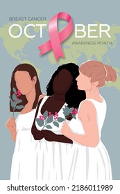 World Breast Cancer Awareness Month. Card with pink ribbon and Women of different ethnic groups together.  Modern vector illustration.