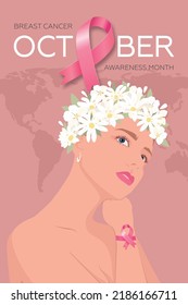 World Breast Cancer Awareness Month. Card with pink ribbon and women in a flower wreath. Modern vector illustration.