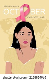 World Breast Cancer Awareness Month. Poster with pink ribbon and Asian woman. Modern illustration.