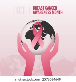 World breast cancer awareness month October with pink cancer ribbon and world globe map