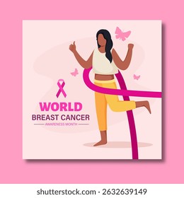 World Breast Cancer Awareness Month Poster with Illustration of Positive Woman Wearing Pink Ribbon and Showing Thumbs Up.