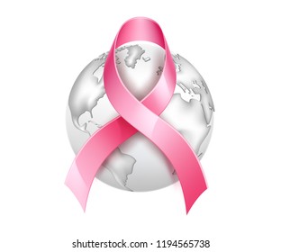 World breast cancer awareness poster template with realistic pink ribbon on earth planet globebackground. Women health care support symbol. female hope satin emblem. Vector illustration