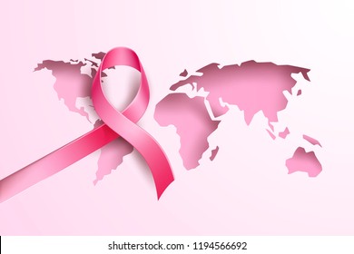 World breast cancer awareness poster with realistic pink ribbon on world map continents background. Women health care support symbol. female hope satin emblem. Vector illustration