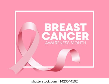 World breast cancer awareness poster with realistic pink ribbon in white frame on pink background continents. Women health care support symbol. female hope satin emblem. Awareness month. Vector illust