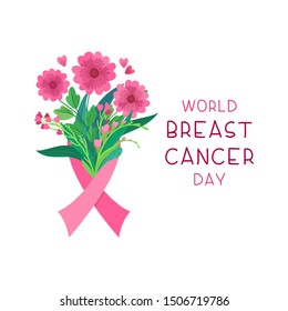 World breast cancer day flat poster vector template. 
Feminine illness solidarity poster layout. Pink flowers bouquet with ribbon illustration with typography