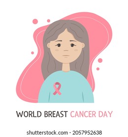 World Breast Cancer Day. The girl with the pink ribbon. Vector isolated illustration on a white background.