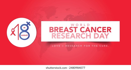 Vector del Día Mundial de la Investigación del Cáncer de Mama. Cinta rosada de la conciencia del cáncer, iconos de la ciencia y Vector de la silueta del mapa del mundo aislado en un fondo blanco. 18 de agosto. Día importante

