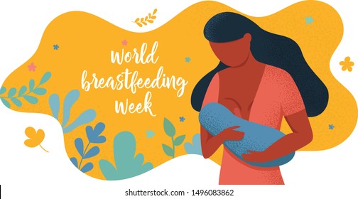 World Breastfeeding Week, 1-7 August. Afro woman breastfeeding her newborn baby holding and nursing him in hands. Lactation.  banner, mother day clip art. Child drinks milk from the female breast
