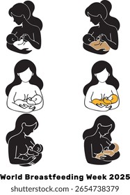 World Breastfeeding Week 2025: Vector Silhouette and Line Art Icon Set of a Mother Breastfeeding Her Baby
